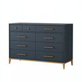 Cassettiera 160 x 45 x 120 cm in legno blu scuro con 9 cassetti e dettagli dorati
