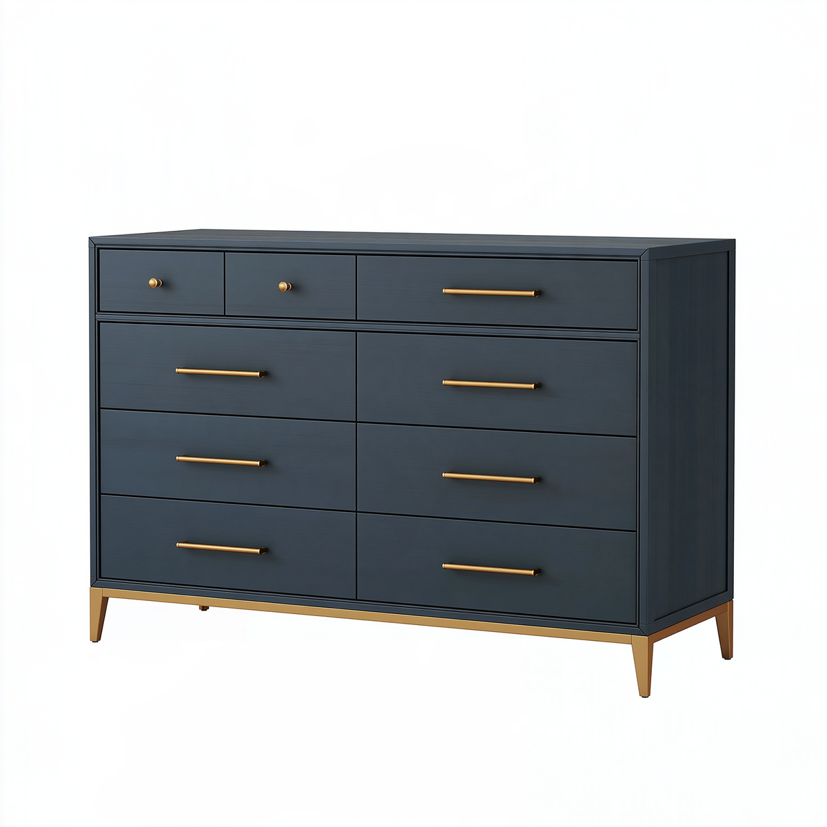 Cassettiera 160 x 45 x 120 cm in legno blu scuro con 9 cassetti e dettagli dorati
