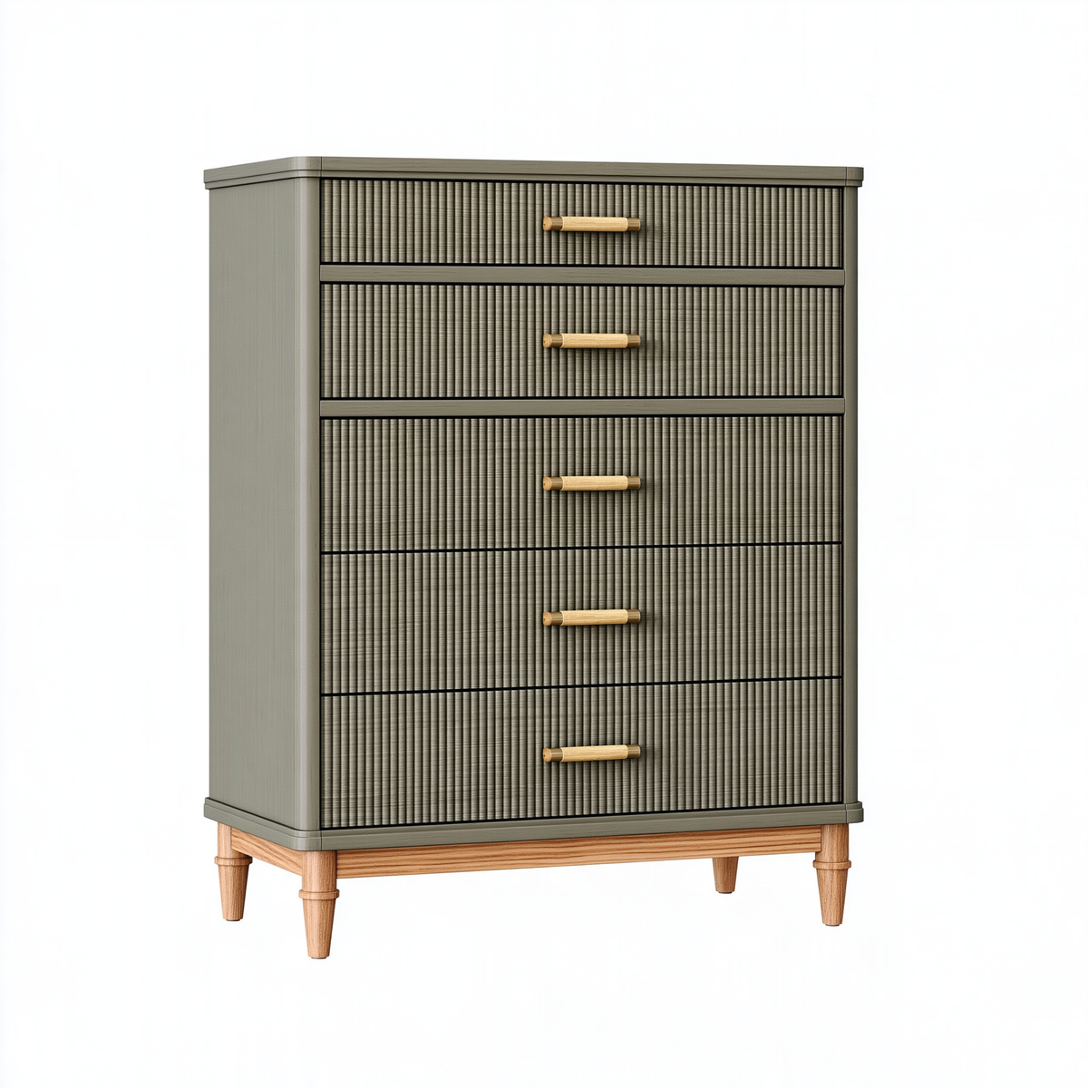 Cassettiera 80 x 45 x 150 cm in legno verde oliva con 5 cassetti stile contemporaneo