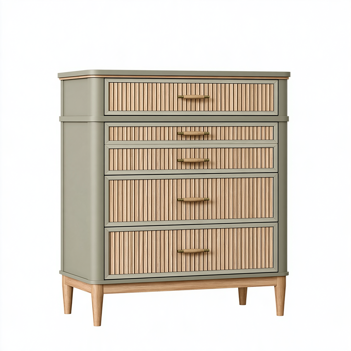 Cassettiera 80 x 40 x 120 cm in legno verde salvia e naturale a 5 cassetti stile moderno