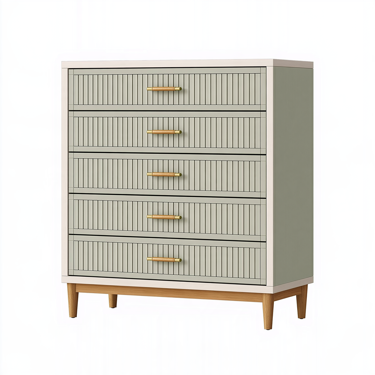 Cassettiera 80 x 40 x 120 cm in legno verde salvia con 5 cassetti stile moderno