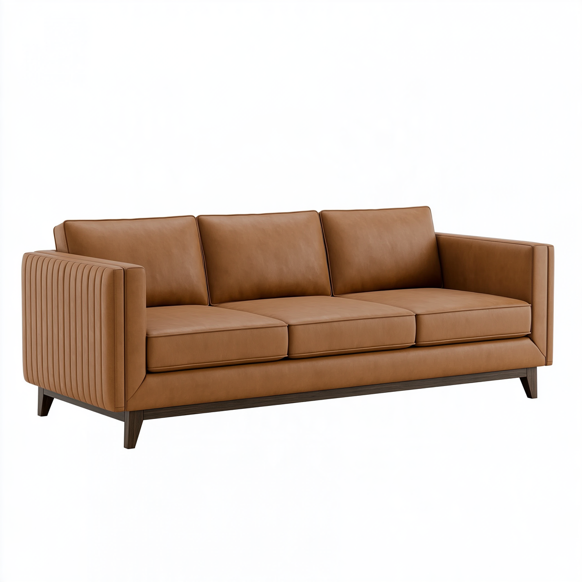 Divano 3 posti 220 cm effetto pelle cognac moderno con braccioli