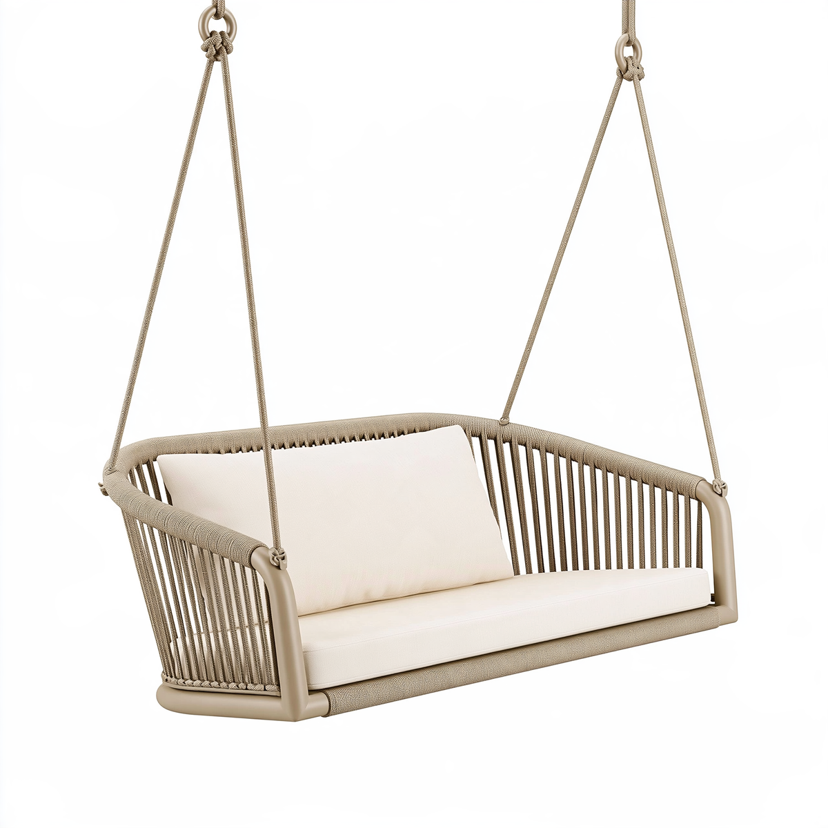 Dondolo sospeso 150x75x60 cm in metallo e corda beige per terrazzo - stile contemporaneo
