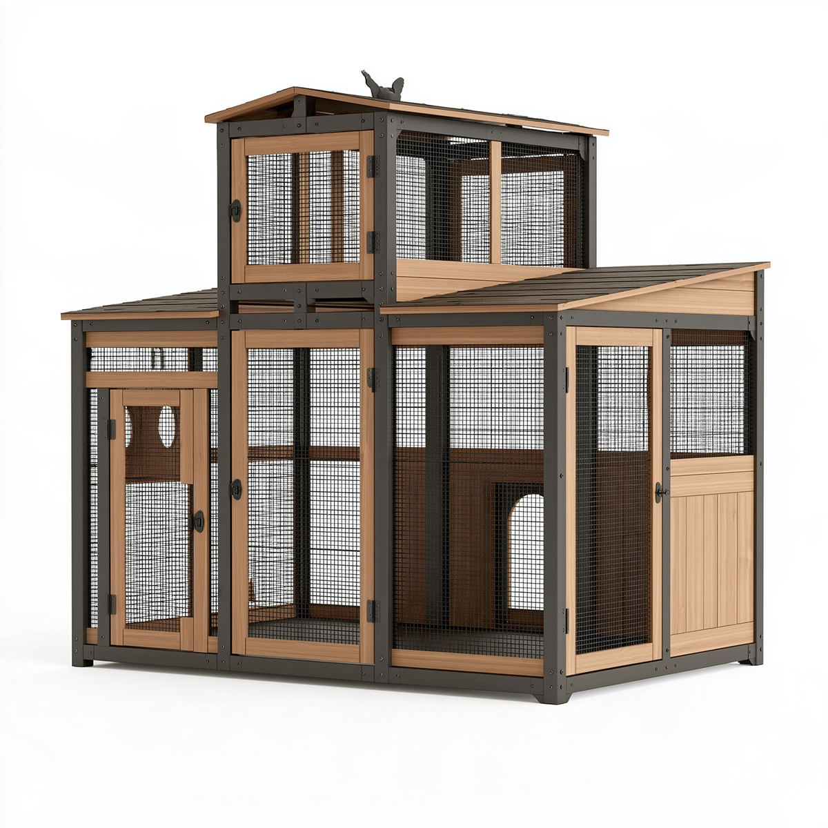 Recinto per gatti 180 x 100 x 200 cm in legno e metallo nero/naturale con rete e tetto inclinato