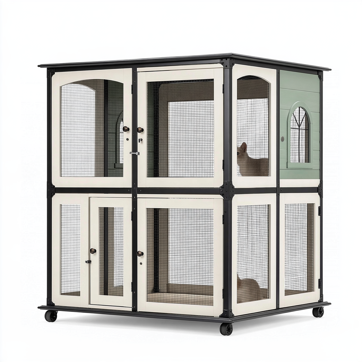 Gabbia per gatti 180 x 90 x 180 cm in metallo e legno bianco verde con ruote a due livelli