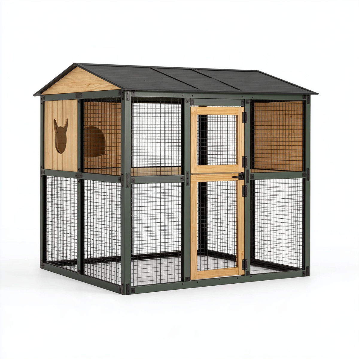 Recinto per gatti 180 x 90 x 180 cm in legno e metallo verde con tetto coperto