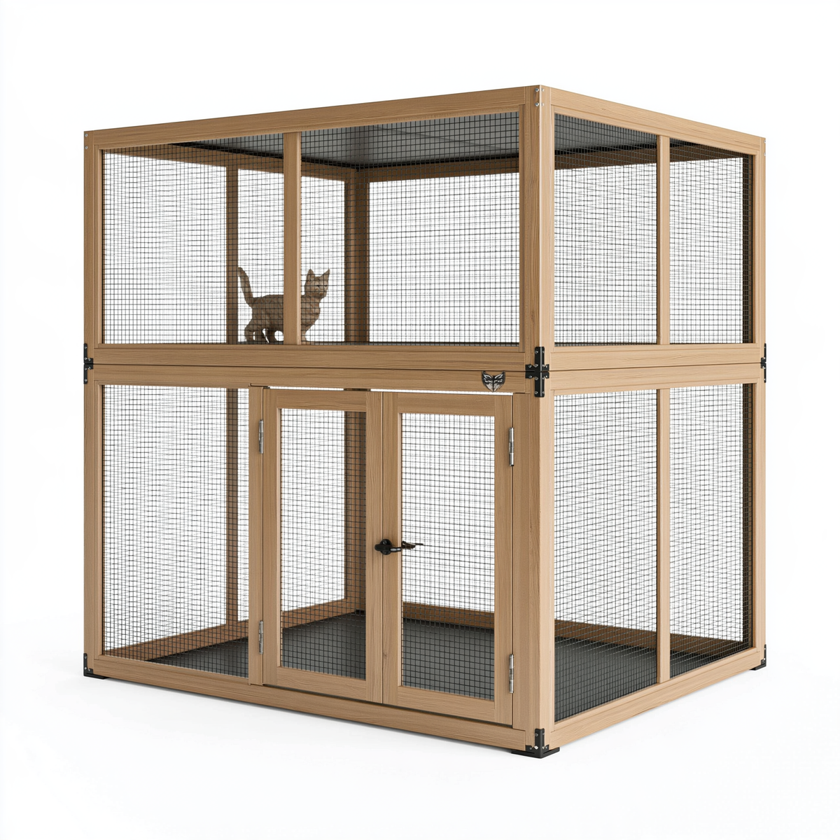 Gabbia per gatti 120 x 60 x 180 cm in legno marrone con rete metallica a due livelli